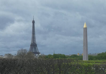 Vue sur la Tour Eiffel, l'obélisque de la Concorde et le jardin des Tuileries